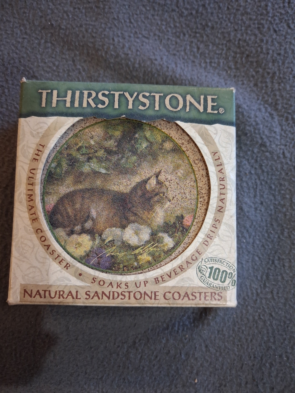 THIRSTYSTONE Natural Sandstone Coaster - Cat Illustration, Green